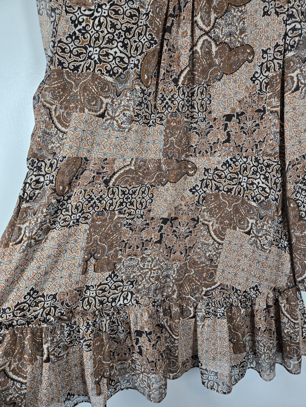 House Of Harlow 1960 Brown Tan Boho Paisley Sparkle Chiffon Peplum Dress Size 10 - Picture 13 of 16